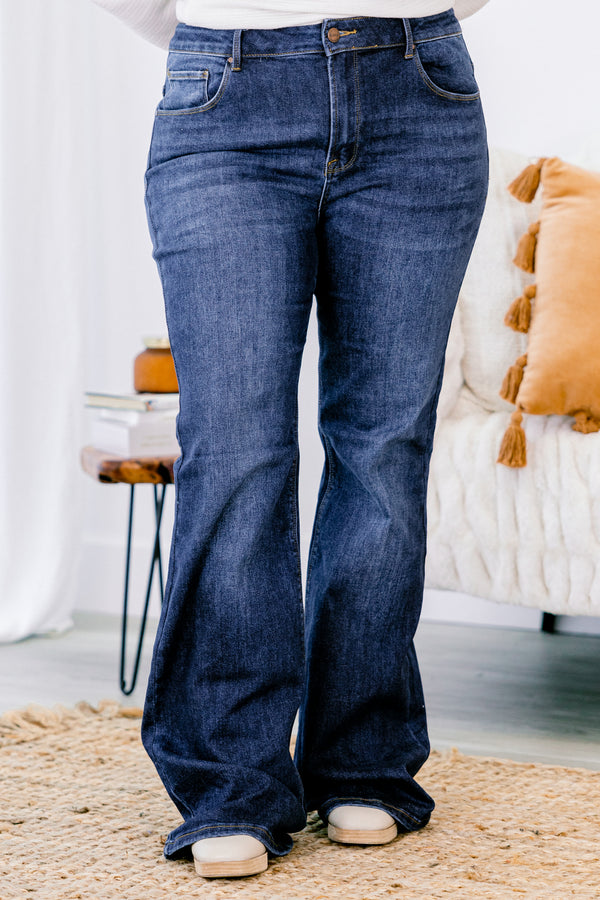 Chic Soul plus size clothing, medium washed flare jeans with two front pockets and back pockets 