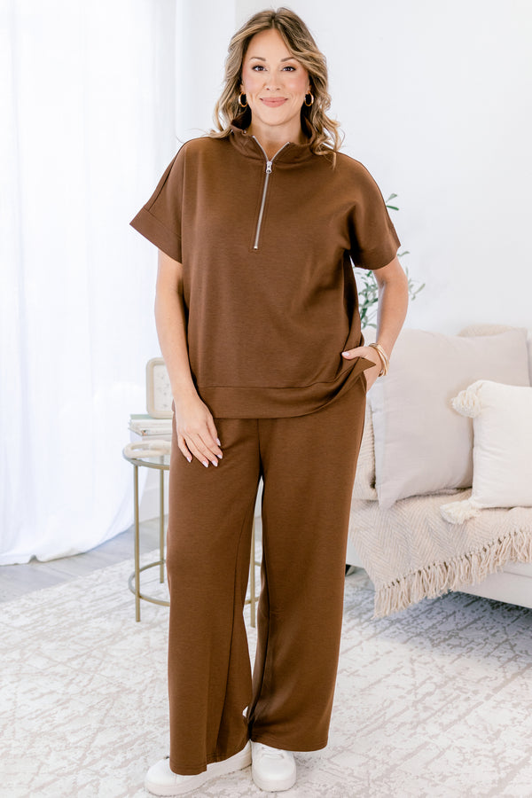 Chic Soul plus size clothing, brown wide leg pants and short sleeve quarter zip matching set 