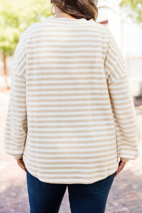Chic Soul plus size clothing, taupe-cream stripe long sleeve pullover with cuffed bubble sleeves with v neckline and horizontal stripe pattern