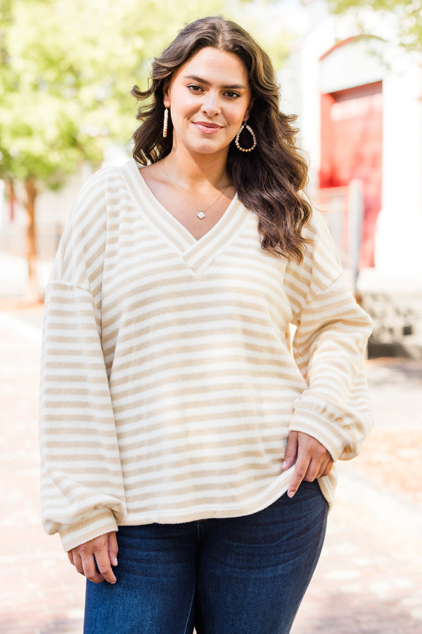 Chic Soul plus size clothing, taupe-cream stripe long sleeve pullover with cuffed bubble sleeves with v neckline and horizontal stripe pattern