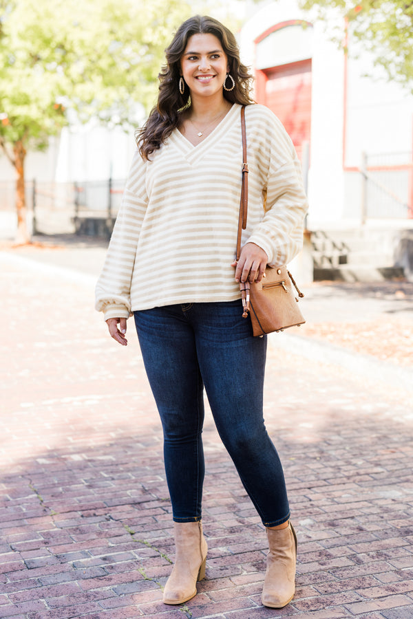 Chic Soul plus size clothing, taupe-cream stripe long sleeve pullover with cuffed bubble sleeves with v neckline and horizontal stripe pattern