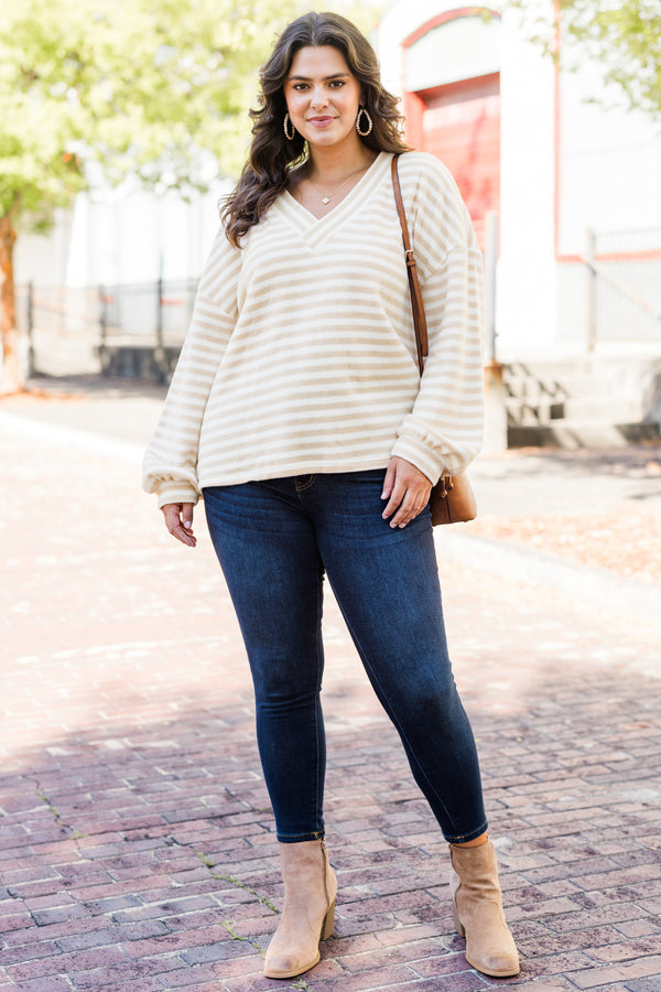 Chic Soul plus size clothing, taupe-cream stripe long sleeve pullover with cuffed bubble sleeves with v neckline and horizontal stripe pattern