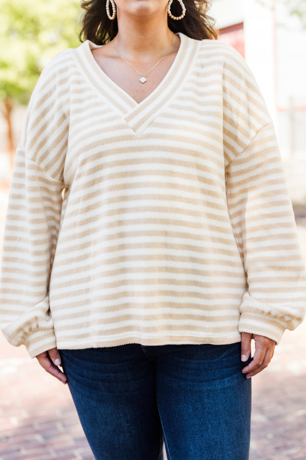 Chic Soul plus size clothing, taupe-cream stripe long sleeve pullover with cuffed bubble sleeves with v neckline and horizontal stripe pattern