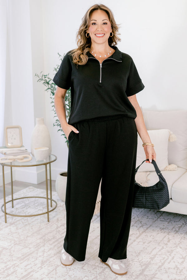 Chic Soul plus size clothing, black wide leg pants and short sleeve quarter zip top matching set