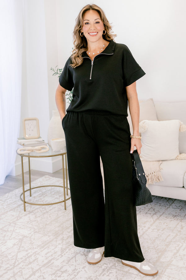 Chic Soul plus size clothing, black wide leg pants and short sleeve quarter zip top matching set