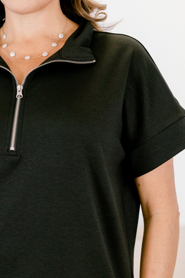 Chic Soul plus size clothing, black wide leg pants and short sleeve quarter zip top matching set