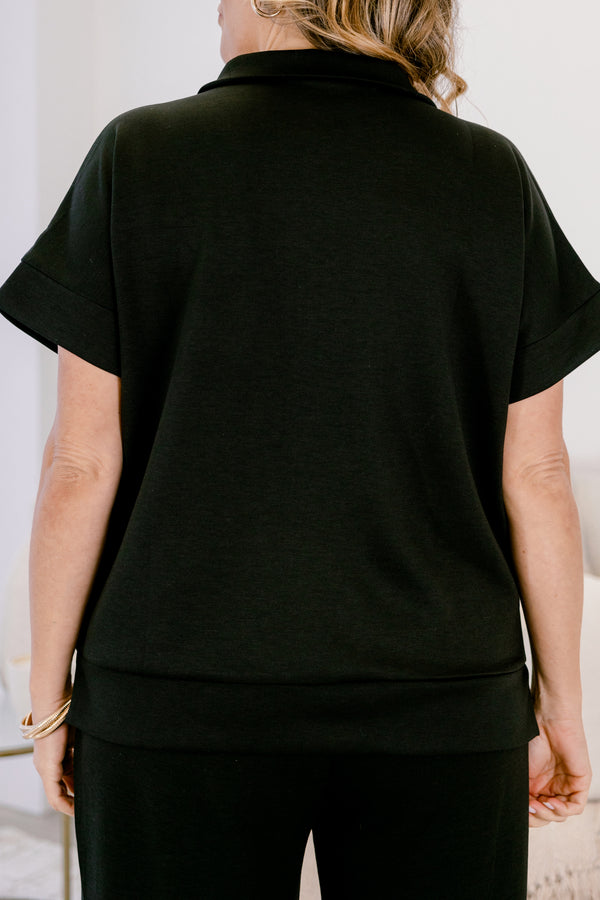 Chic Soul plus size clothing, black wide leg pants and short sleeve quarter zip top matching set