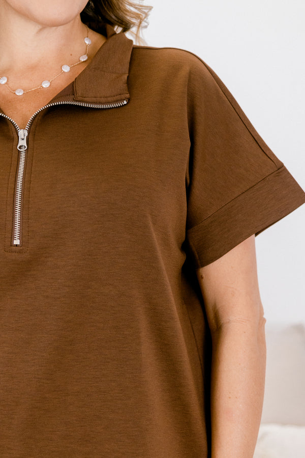 Chic Soul plus size clothing, brown wide leg pants and short sleeve quarter zip matching set 