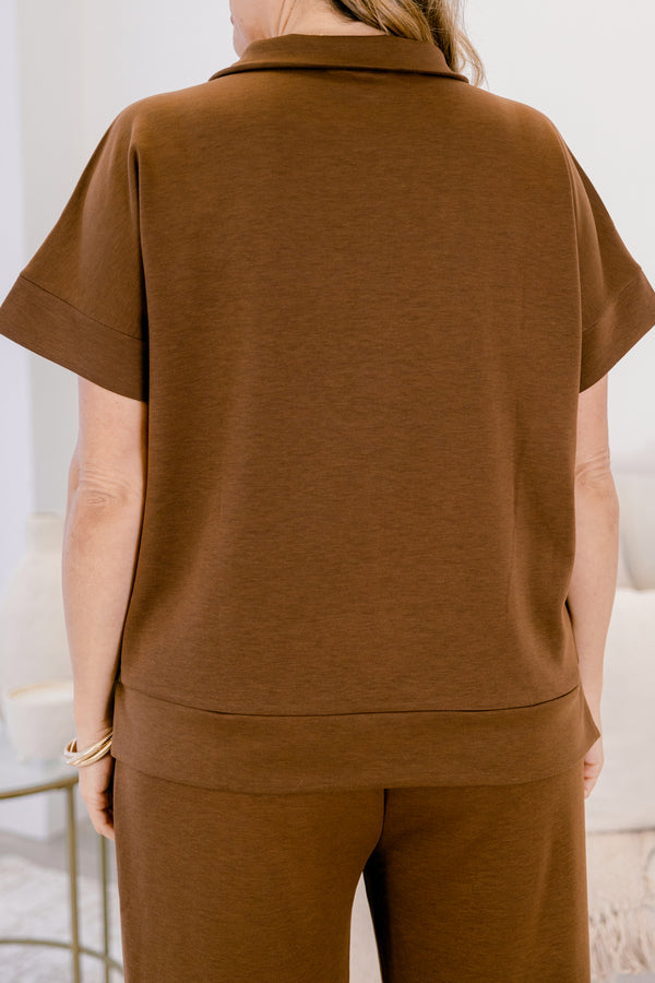 Chic Soul plus size clothing, brown wide leg pants and short sleeve quarter zip matching set 