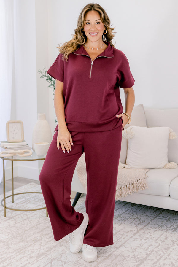Chic Soul plus size clothing, burgundy wide leg pants and short sleeve quarter zip matching set 