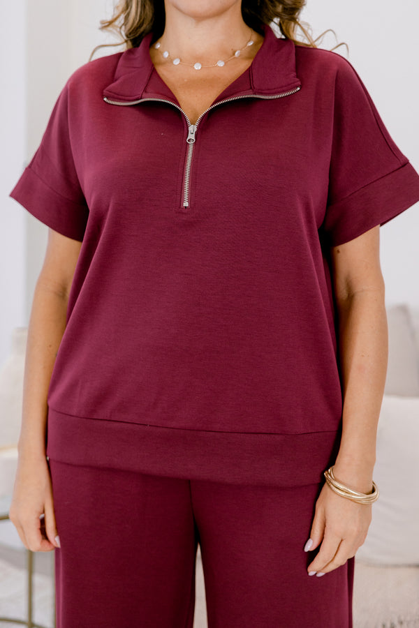 Chic Soul plus size clothing, burgundy wide leg pants and short sleeve quarter zip matching set 