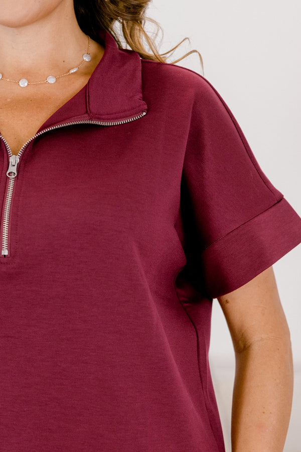 Chic Soul plus size clothing, burgundy wide leg pants and short sleeve quarter zip matching set 