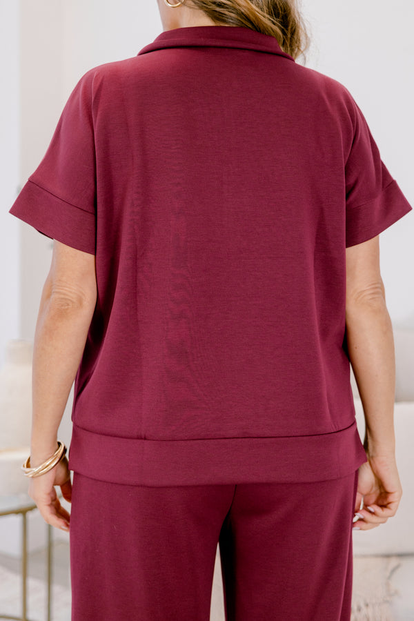 Chic Soul plus size clothing, burgundy wide leg pants and short sleeve quarter zip matching set 