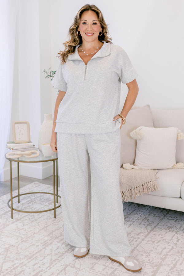Chic Soul plus size clothing, heather grey wide leg pants and short sleeve quarter zip matching set 