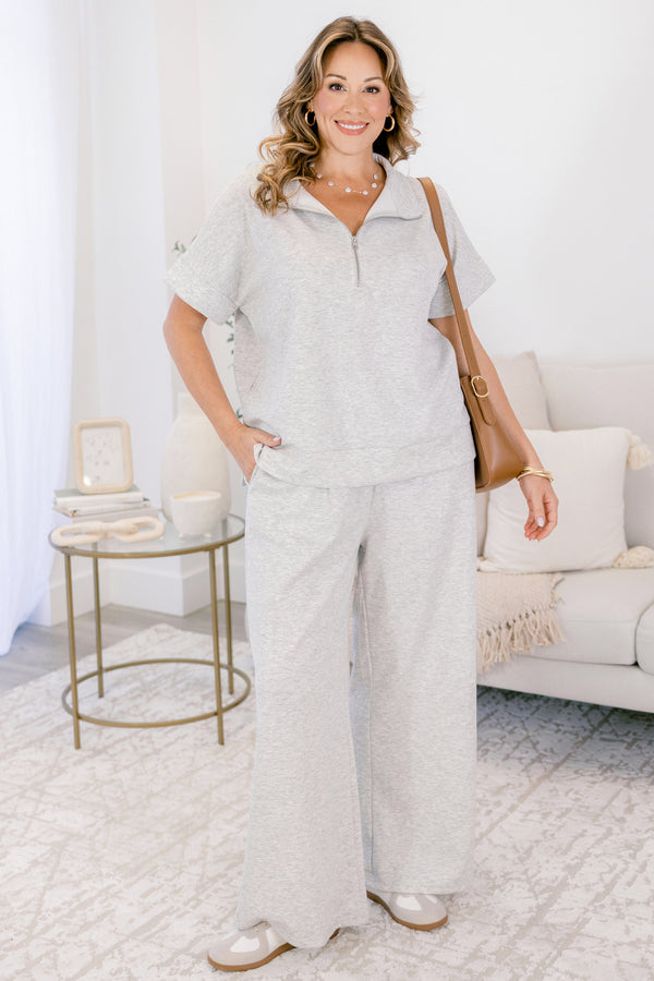 Chic Soul plus size clothing, heather grey wide leg pants and short sleeve quarter zip matching set 