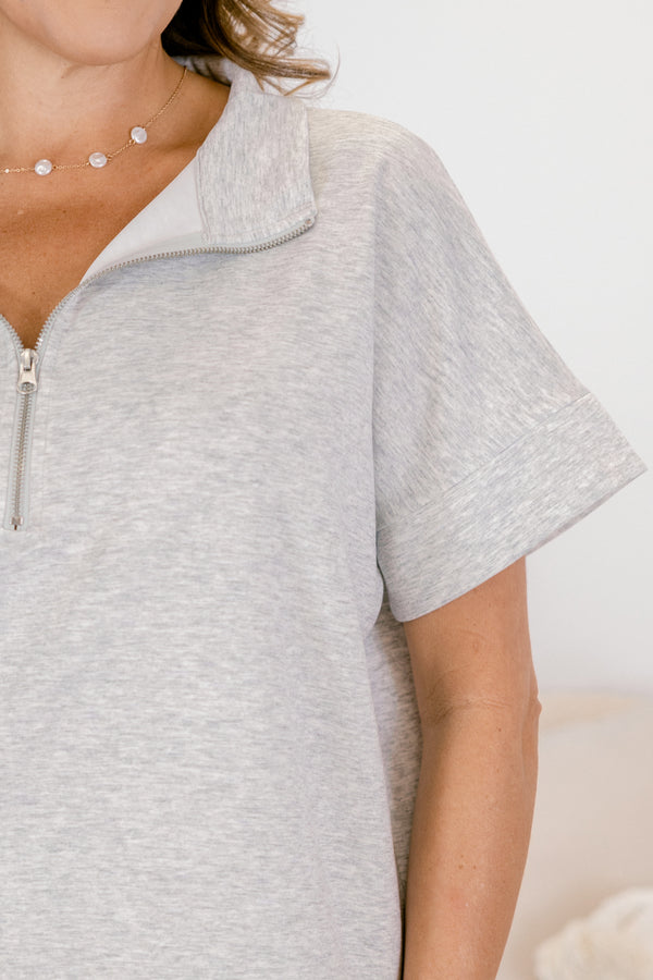 Chic Soul plus size clothing, heather grey wide leg pants and short sleeve quarter zip matching set 