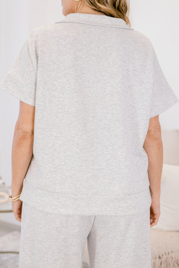 Chic Soul plus size clothing, heather grey wide leg pants and short sleeve quarter zip matching set 