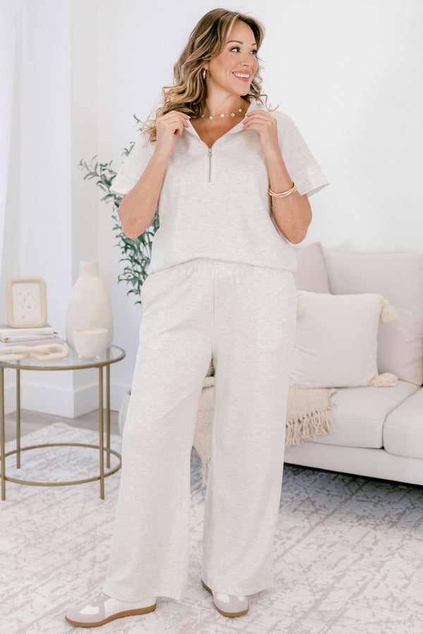 Chic Soul plus size clothing, light heather vanilla wide leg pants and short sleeve quarter zip matching set 