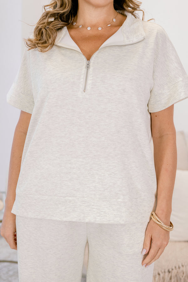 Chic Soul plus size clothing, light heather vanilla wide leg pants and short sleeve quarter zip matching set 