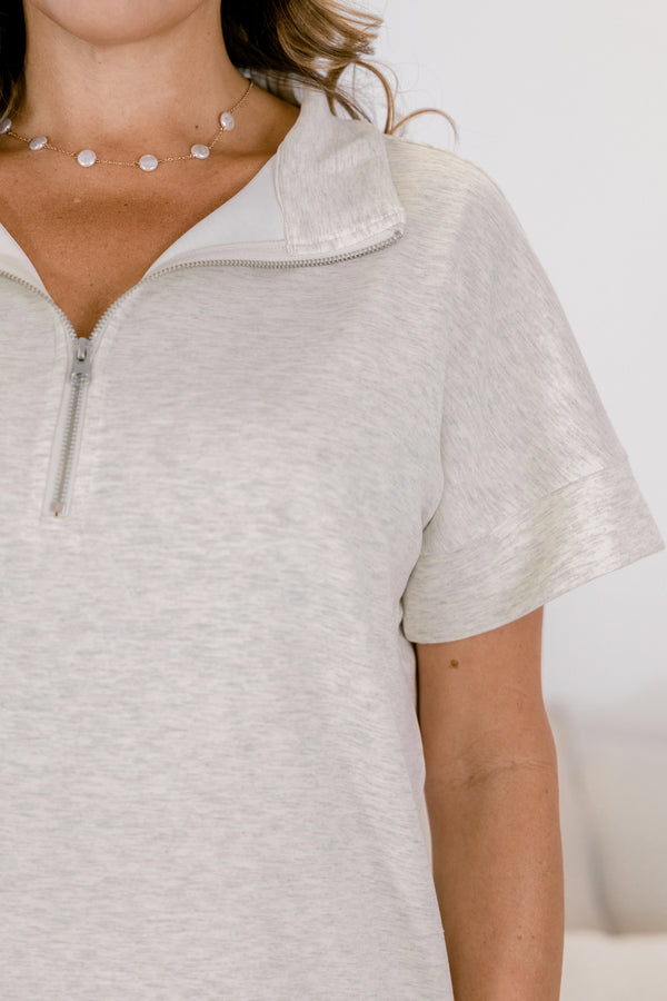 Chic Soul plus size clothing, light heather vanilla wide leg pants and short sleeve quarter zip matching set 