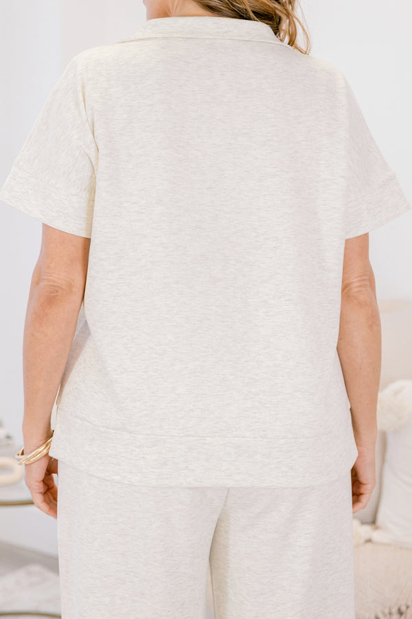 Chic Soul plus size clothing, light heather vanilla wide leg pants and short sleeve quarter zip matching set 