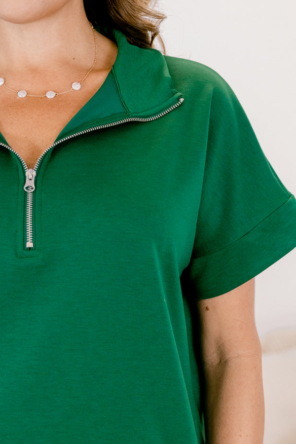 Chic Soul plus size clothing, green wide leg pants and short sleeve quarter zip matching set 