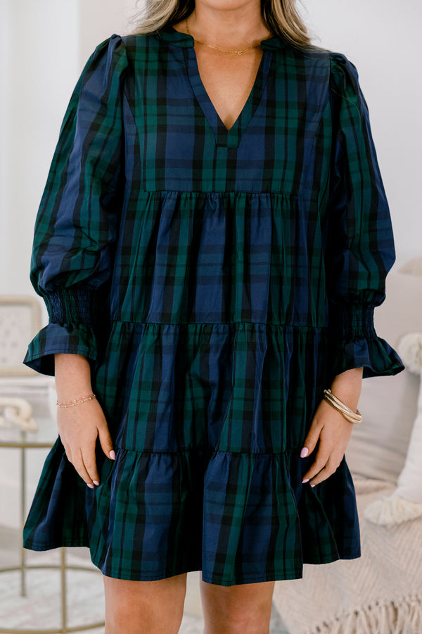 Chic Soul plus size clothing, blue green and black plaid long sleeve short dress with v-neckline and cinched wrists of sleeves
