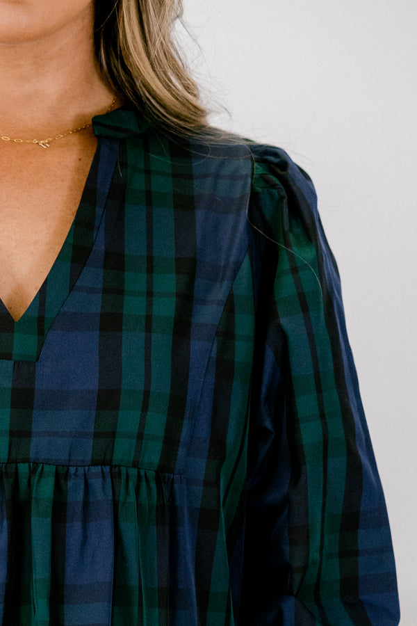 Chic Soul plus size clothing, blue green and black plaid long sleeve short dress with v-neckline and cinched wrists of sleeves