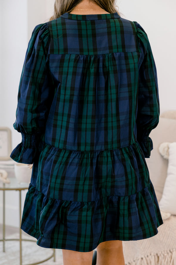 Chic Soul plus size clothing, blue green and black plaid long sleeve short dress with v-neckline and cinched wrists of sleeves