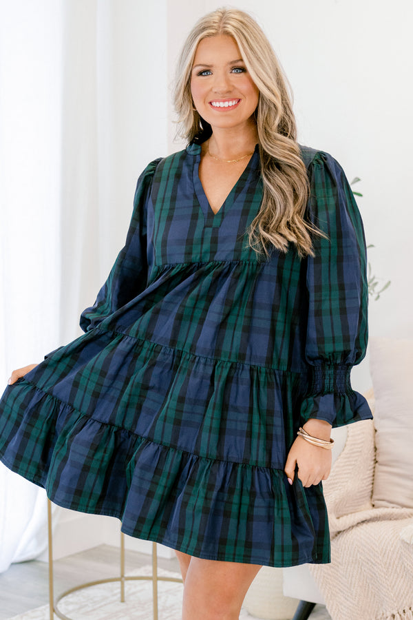 Chic Soul plus size clothing, blue green and black plaid long sleeve short dress with v-neckline and cinched wrists of sleeves