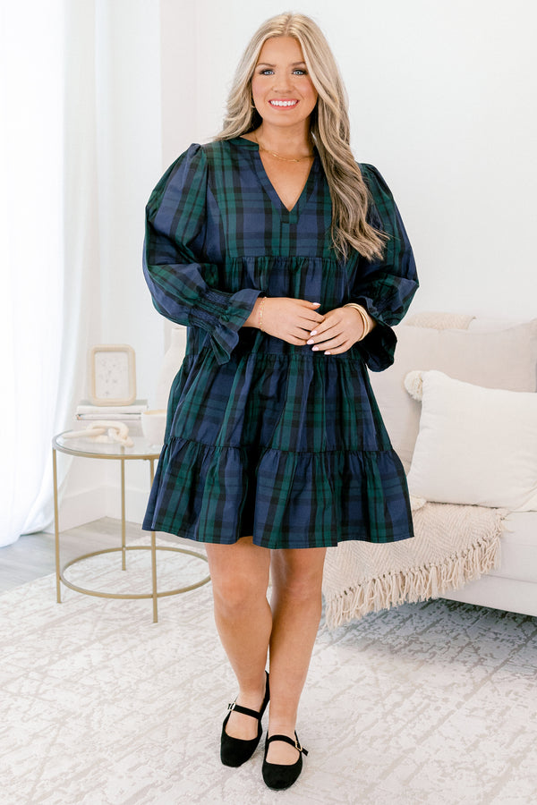 Chic Soul plus size clothing, blue green and black plaid long sleeve short dress with v-neckline and cinched wrists of sleeves