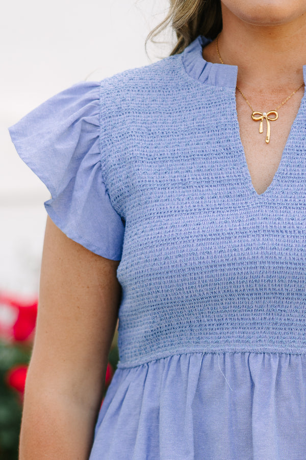 Chic Soul plus size clothing, chambray babydoll top with smocked bodice and flutter sleeves
