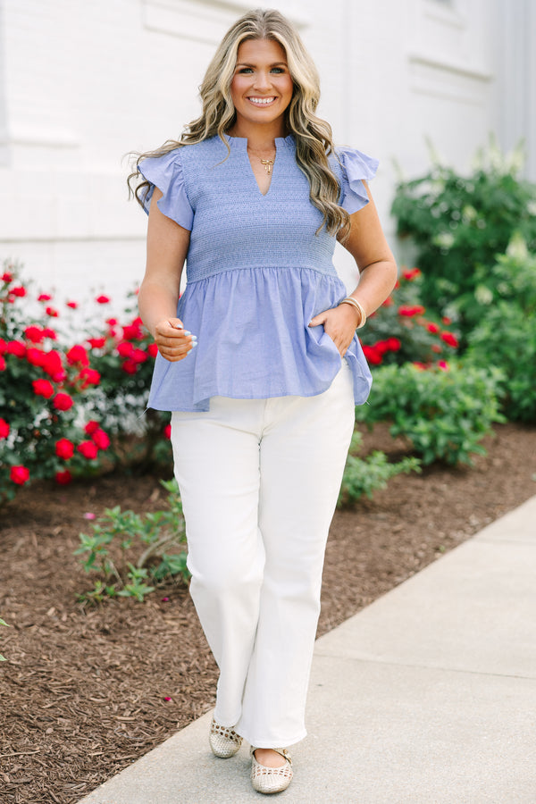 Chic Soul plus size clothing, chambray babydoll top with smocked bodice and flutter sleeves