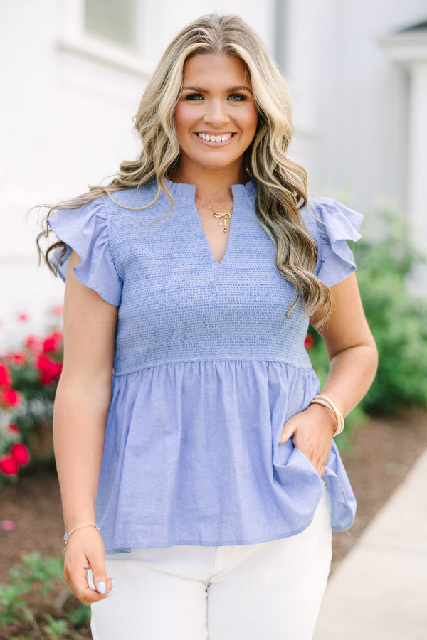 Chic Soul plus size clothing, chambray babydoll top with smocked bodice and flutter sleeves