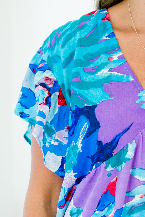 Chic Soul plus size clothing, short sleeve blue multi top with floral pattern and v-neckline