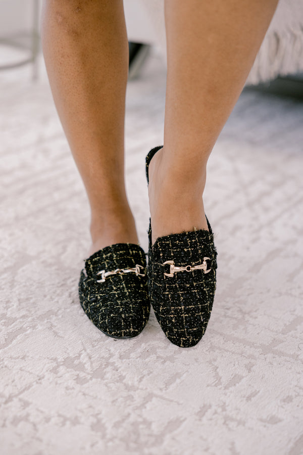 Chic Soul plus size clothing, black and tan tweed flat slide on mules with gold buckle clasp across the top