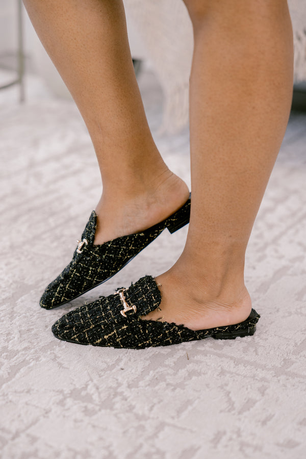 Chic Soul plus size clothing, black and tan tweed flat slide on mules with gold buckle clasp across the top