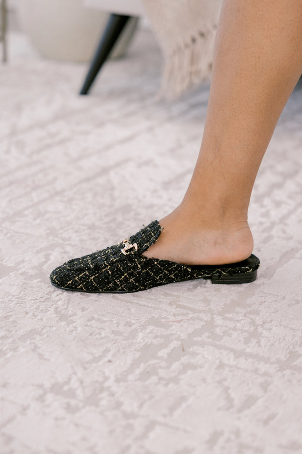 Chic Soul plus size clothing, black and tan tweed flat slide on mules with gold buckle clasp across the top