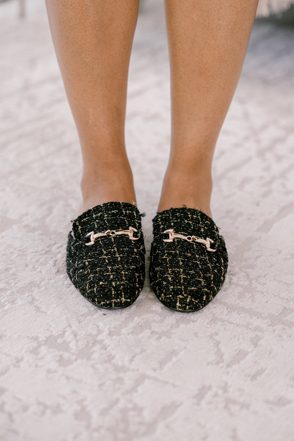 Chic Soul plus size clothing, black and tan tweed flat slide on mules with gold buckle clasp across the top