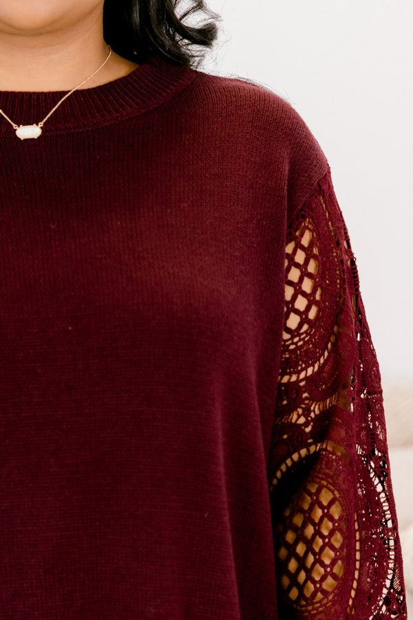 Chic Soul plus size clothing, burgundy red long sleeve sweater with eyelet pattern along the sleeves