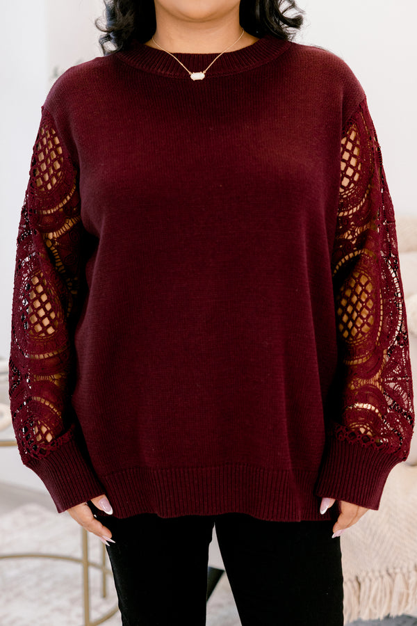 Chic Soul plus size clothing, burgundy red long sleeve sweater with eyelet pattern along the sleeves