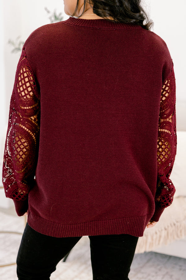 Chic Soul plus size clothing, burgundy red long sleeve sweater with eyelet pattern along the sleeves