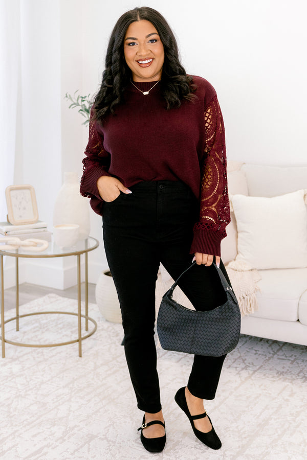 Chic Soul plus size clothing, burgundy red long sleeve sweater with eyelet pattern along the sleeves