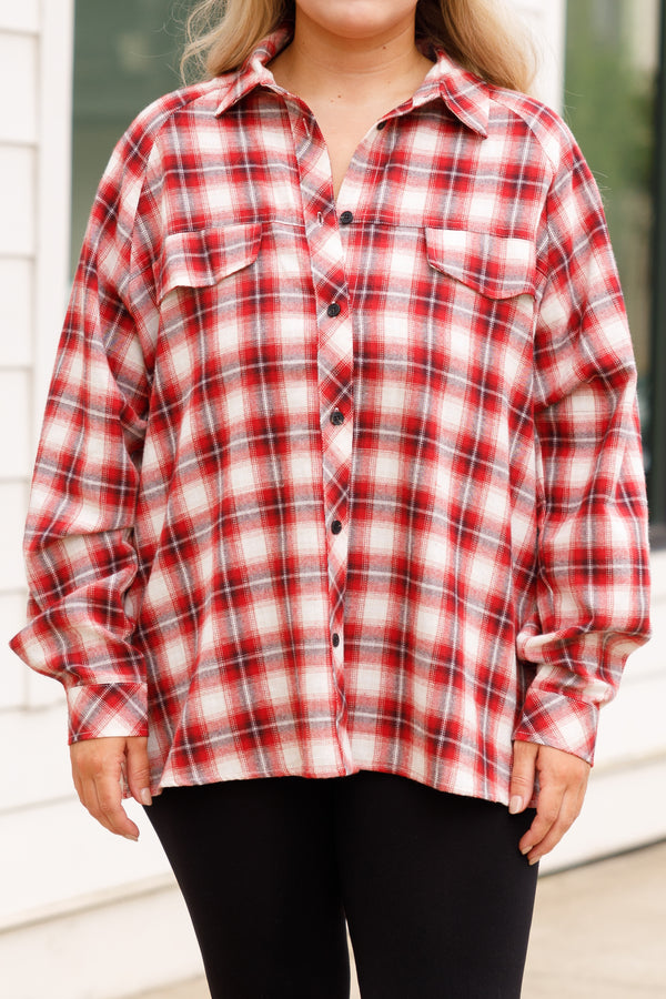 Chic Soul plus size clothing, red and black shorter length button up flannel styple top with pocket details