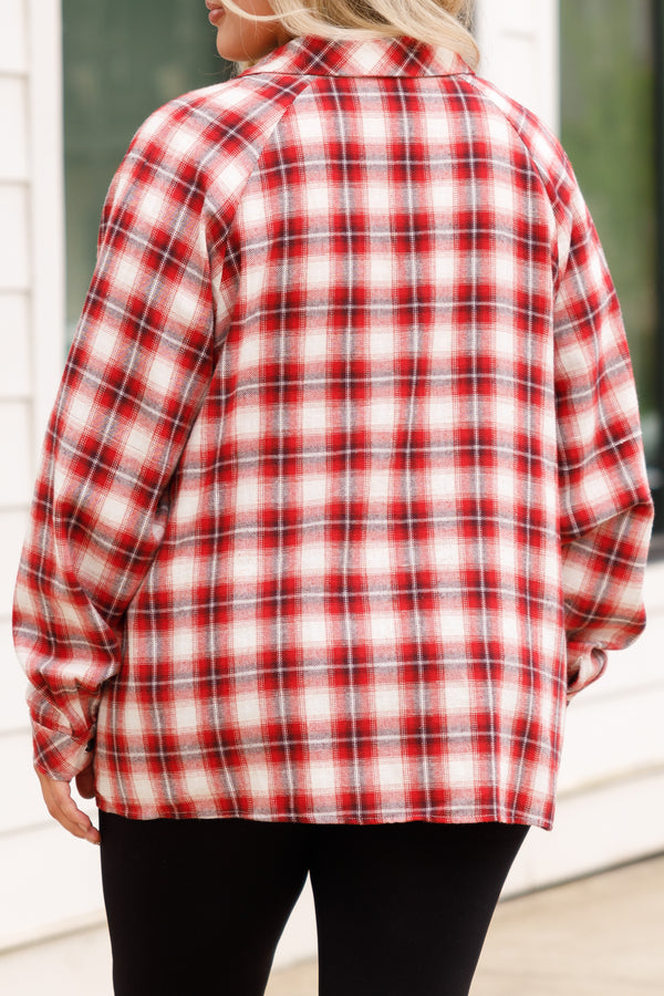 Chic Soul plus size clothing, red and black shorter length button up flannel styple top with pocket details