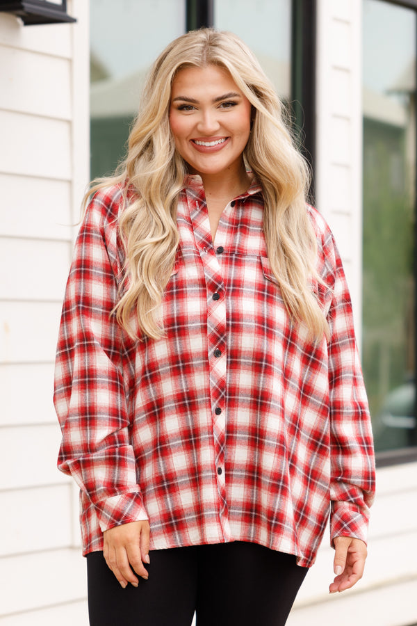 Chic Soul plus size clothing, red and black shorter length button up flannel styple top with pocket details