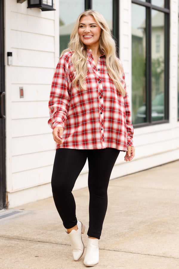 Chic Soul plus size clothing, red and black shorter length button up flannel styple top with pocket details
