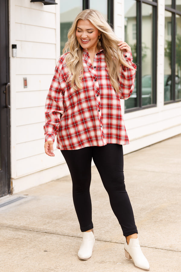 Chic Soul plus size clothing, red and black shorter length button up flannel styple top with pocket details
