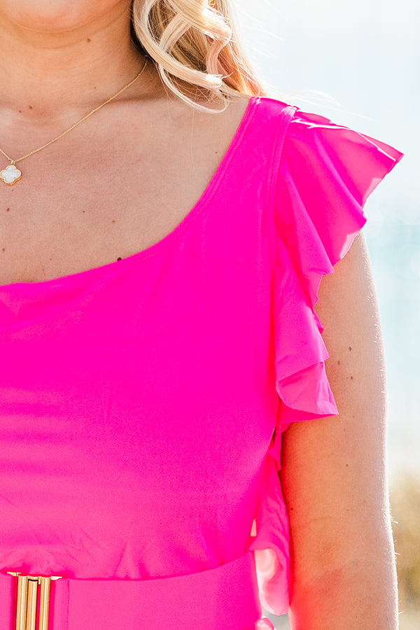 Chic Soul plus size clothing, pink one shoulder flutter sleeve one piece swimsuit with pink and gold belt