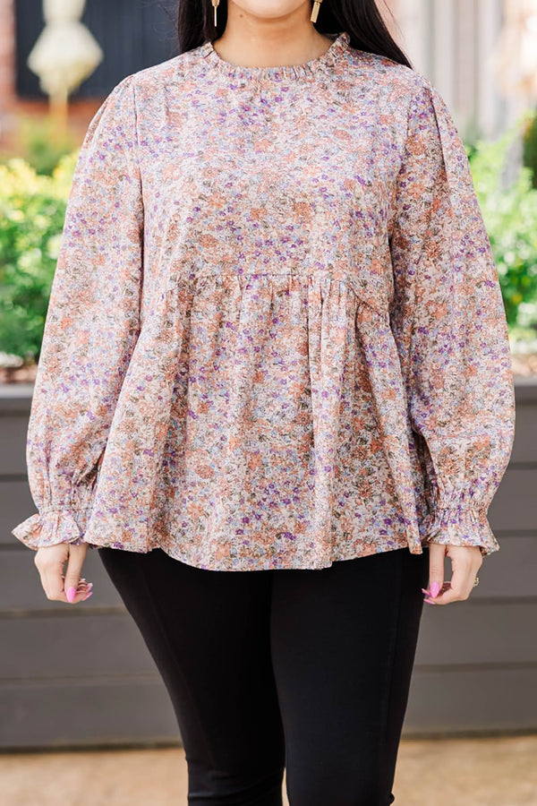 Chic Soul Plus size clothing, Rust color flowy blouse with long sleeves, high neck and purple floral print